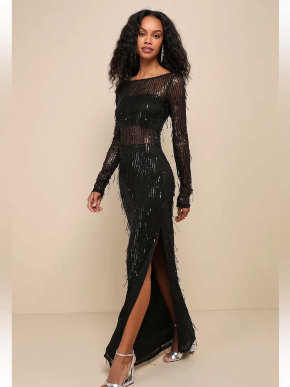 Lulus Sheer Fascination Black Sheer Mesh Sequin Fringe Maxi Dress